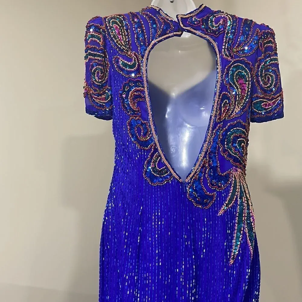 VTG Alyce Design Beaded Sequins Evening Gown Dress. Size 12 L large 100% silk